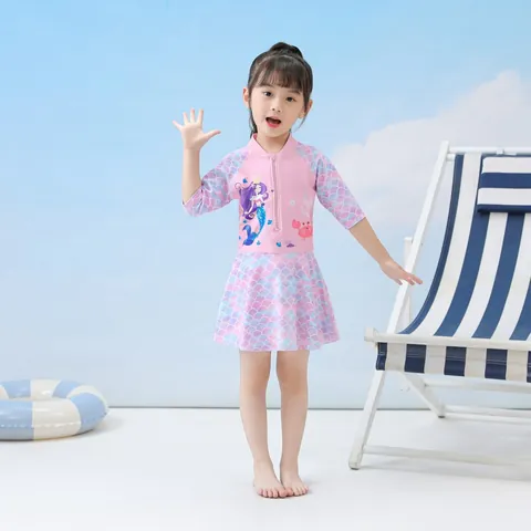 Meisjes Lange Mouw Badpak Uit Één Stuk Met Rok En Badmuts Cartoon Eenhoorn Zeemeermin Prinses Strand Badmode Set