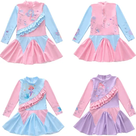 Meisjes Lange Mouw Zwempak Uit Eén Stuk Zeemeermin Ruffle Rok Badmode Kinderen Zonbescherming Sneldrogend Zwempak