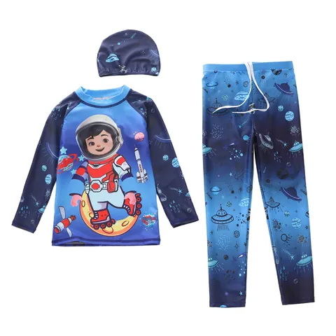 Boys Long Sleeve Rash Guard Swimwear Astronaut Space Print Sun Protection Quick Dry Top Pants Hat For Swimming Surfing