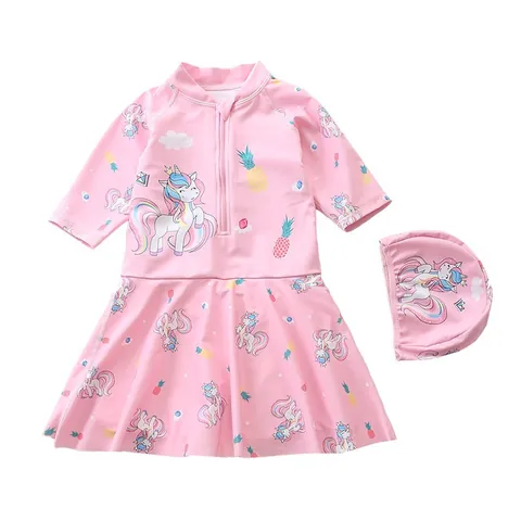 Meisjes Lange Mouw Badpak Uit Één Stuk Met Rok En Badmuts Cartoon Eenhoorn Zeemeermin Prinses Strand Badmode Set