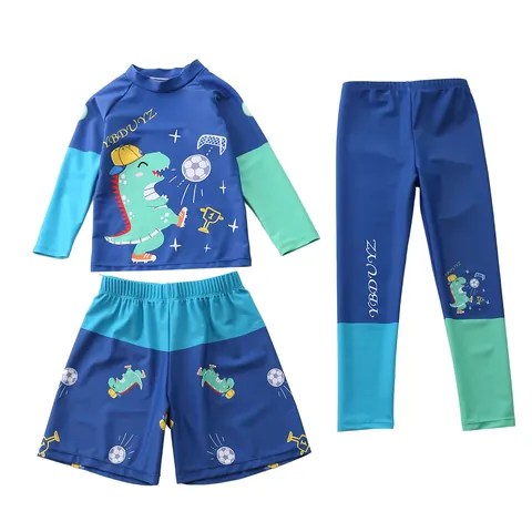 Jungen Bademode-Set Dreiteilig Langarm Rash Guard Sonnenschutz Badeanzug Cartoon Dinosaurier Hai Schnelltrocknend Kinder Surfbekleidung