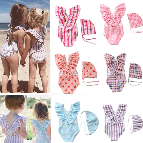 Kids Girls Ruffle One Piece Swimsuit Stripe Grid Fruit Printed Bathing Suit And Matching Swimming Hat For Summer Beach