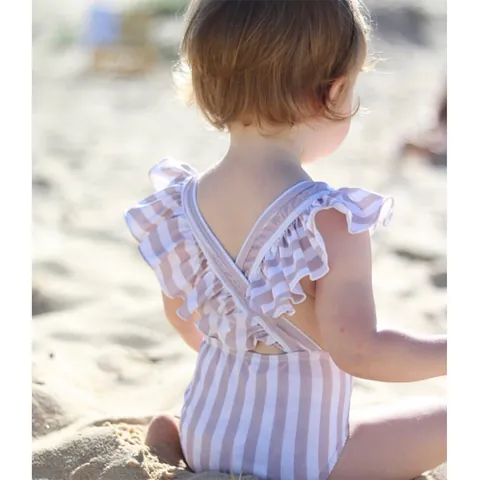 Kids Girls Ruffle One Piece Swimsuit Stripe Grid Fruit Printed Bathing Suit And Matching Swimming Hat For Summer Beach