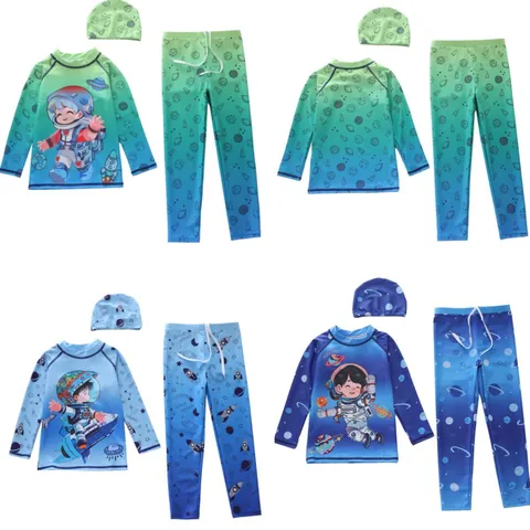 Boys Long Sleeve Rash Guard Swimwear Astronaut Space Print Sun Protection Quick Dry Top Pants Hat For Swimming Surfing