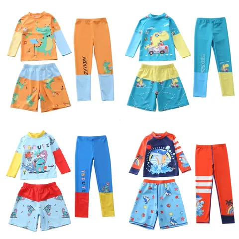 Jungen Bademode-Set Dreiteilig Langarm Rash Guard Sonnenschutz Badeanzug Cartoon Dinosaurier Hai Schnelltrocknend Kinder Surfbekleidung