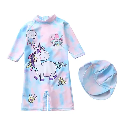 Meisjes Lange Mouw Badpak Uit Één Stuk Met Zonnehoed Zonbescherming Sneldrogend Cartoon Eenhoorn Print Zwempak Kinderen Strandkleding
