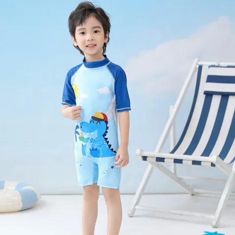 Jungen Einteiliger Badeanzug Kinder Cartoon Dinosaurier Gestreift Rash Guard Mit Badekappe Kleinkind Sonnenschutz Badebekleidung