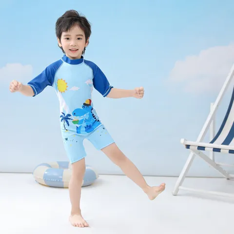 Jungen Einteiliger Badeanzug Kinder Cartoon Dinosaurier Gestreift Rash Guard Mit Badekappe Kleinkind Sonnenschutz Badebekleidung