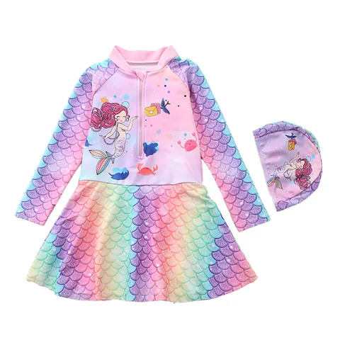 Meisjes Lange Mouw Zeemeermin Badpak Met Bijpassende Muts Zonbescherming Rash Guard Eendelig Bedrukte Zwemkleding