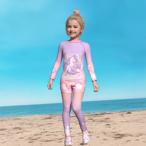 Meisjes Lange Mouw Zonbescherming Badmode Top Broek Shorts Eenhoorn Zeemeermin Gradiënt Print Sneldrogend Badpak