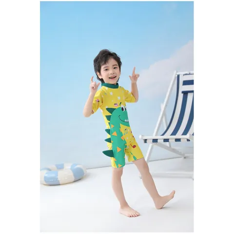 Boys One Piece Cartoon Dinosaur Shark Printed Swimsuit With Hat Quick Dry Sun Protection Long Sleeve Kids Swimwear