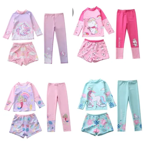Meisjes Lange Mouw Zonbescherming Badmode Top Broek Shorts Eenhoorn Zeemeermin Gradiënt Print Sneldrogend Badpak