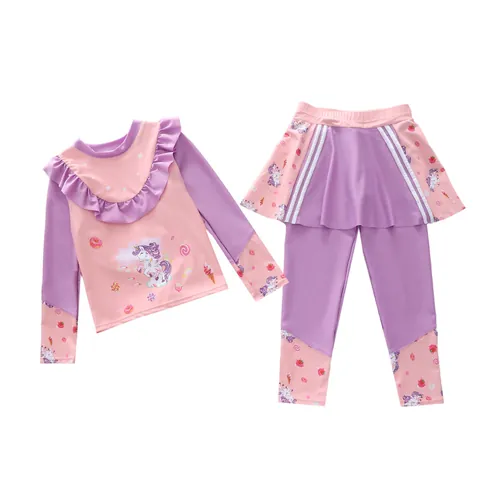 Completo da Bagno a Maniche Lunghe per Bambina Asciugatura Rapida Protezione Solare Stampa Unicorno Arcobaleno con Volant Costume per Bambini
