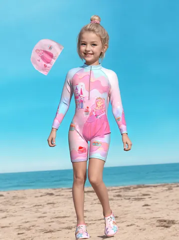 Costume Intero da Bambina a Maniche Lunghe con Stampa di Unicorno e Sirena Protezione Solare per Bambini con Cuffia da Nuoto Completi da Surf per la Spiaggia