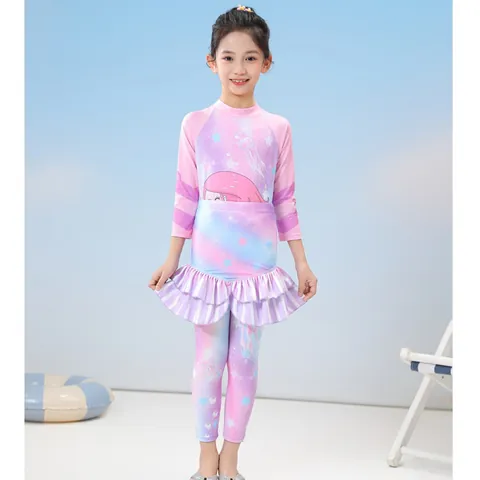 Mädchen Meerjungfrau Langarm Rash Guard Badeanzug Set Mit Rüschenrock Kinder Gradient Fischschuppen Zweiteilige Schnell Trocknende Bademode