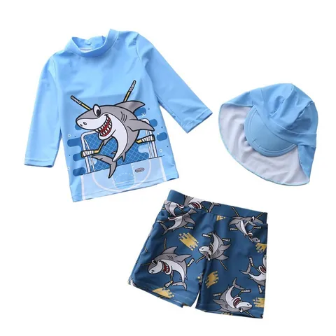Jongens Cartoon Haai Dinosauriër Print Lange Mouw Zwemtop Met Shorts En Zonnehoed Sneldrogend Zonbescherming Badpak Kinderen Badmode