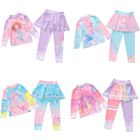 Mädchen Langarm Sonnenschutz Badebekleidung Geteiltes Meerjungfrau Druck Top Und Rockhose Kinder Badeanzug Rash Guard