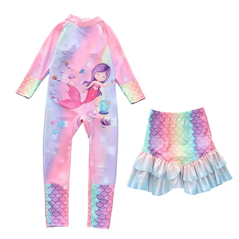 Mädchen Meerjungfrau Langarm Rash Guard Badeanzug Set Mit Rüschenrock Kinder Gradient Fischschuppen Zweiteilige Schnell Trocknende Bademode