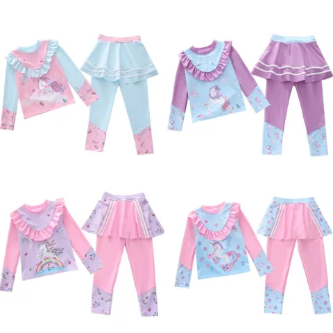 Completo da Bagno a Maniche Lunghe per Bambina Asciugatura Rapida Protezione Solare Stampa Unicorno Arcobaleno con Volant Costume per Bambini