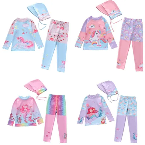 Meisjes Badpak Met Lange Mouwen Zonbescherming Sneldrogend Cartoon Eenhoorn Zeemeermin Print Met Lange Broek En Badmuts