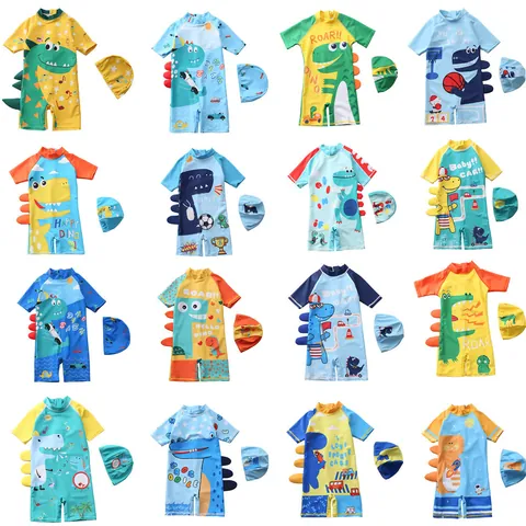 Boys One Piece Cartoon Dinosaur Shark Printed Swimsuit With Hat Quick Dry Sun Protection Long Sleeve Kids Swimwear
