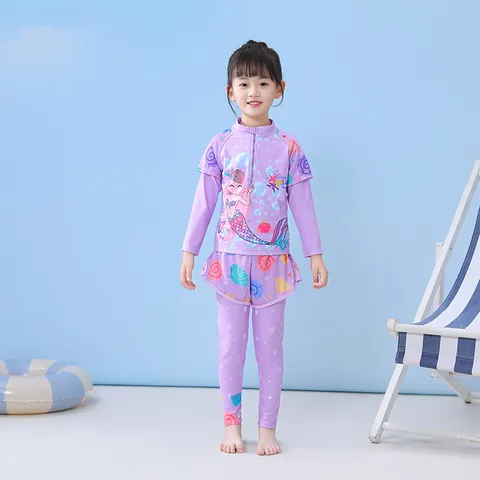 Girls Long Sleeve Swimwear Top And Pants Rash Guard Mesh Skirt Unicorn Mermaid Print Kids Quick Dry Bathing Suit
