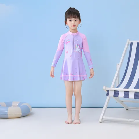 Meisjes Cartoon Zeemeermin Eenhoorn Lange Mouw Badpak Uit Eén Stuk Met Rok Kinderen Zwemkleding