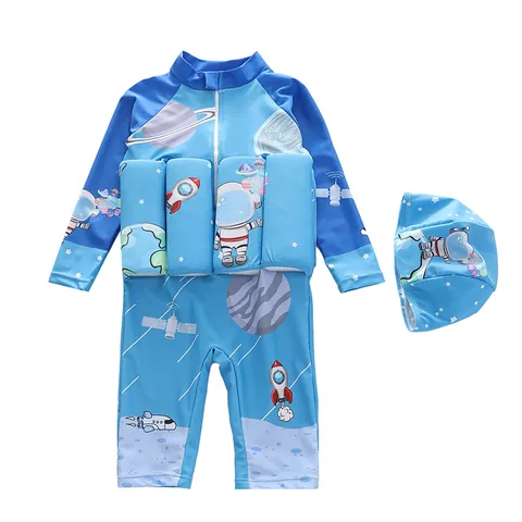 Eendelig Drijfbadpak voor Kinderen Afneembare Drijfblokken Lange Mouwen Cartoon Print Jongens Zwemmen Rash Guard Met Badmuts