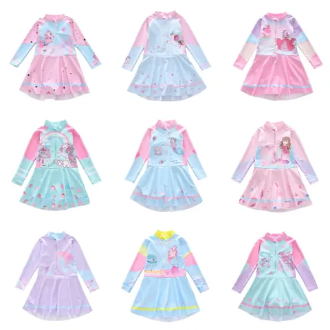 Meisjes Cartoon Zeemeermin Eenhoorn Lange Mouw Badpak Uit Eén Stuk Met Rok Kinderen Zwemkleding