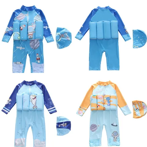 Eendelig Drijfbadpak voor Kinderen Afneembare Drijfblokken Lange Mouwen Cartoon Print Jongens Zwemmen Rash Guard Met Badmuts
