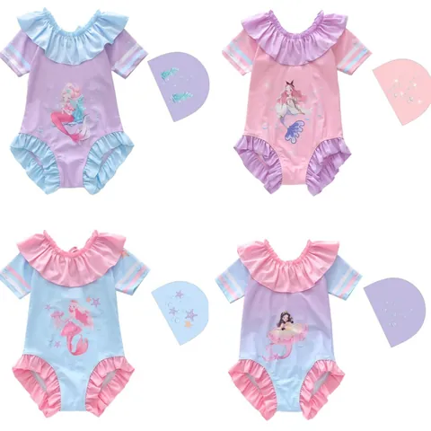 Costume Intero da Ragazza Sirena Con Cuffia Coordinata Maniche Con Volant Protezione Solare Abbigliamento Mare Bambini