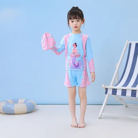 Meisjes Zeemeermin Rash Guard Zwemkleding Lange Mouw Zonbescherming Top En Broek En Badmuts Set Voor Kinderen Zwembad Strand