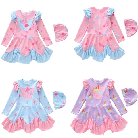 Kinderen Meisjes Zeemeermin Cartoon Lange Mouw Badpak Uit Één Stuk Met Badmuts Ruffles Zonbescherming Zwempak