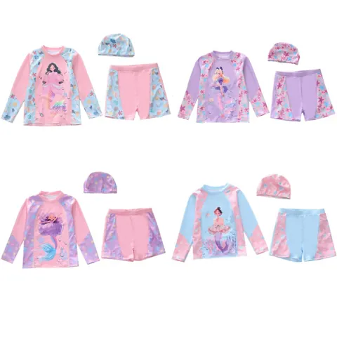 Meisjes Zeemeermin Rash Guard Zwemkleding Lange Mouw Zonbescherming Top En Broek En Badmuts Set Voor Kinderen Zwembad Strand