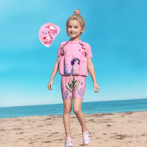 Meisjes Eendelig Drijfvermogen Badpak Zeemeermin Print Zwemkleding Set Met Zwemmuts Polyester Spandex Drijvend Katoen