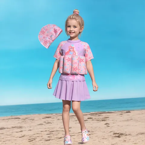 Mädchen Meerjungfrau Druck Auftrieb Badeanzug Set Polyester Elasthan Top Rock Und Hut Mit Auftriebshilfe Für Kinder Wassersport