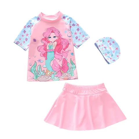Costume da Bagno Rash Guard a Manica Corta Con Stampa Sirena Top E Gonna E Cappello Per Bambine Abbigliamento Mare Nuoto