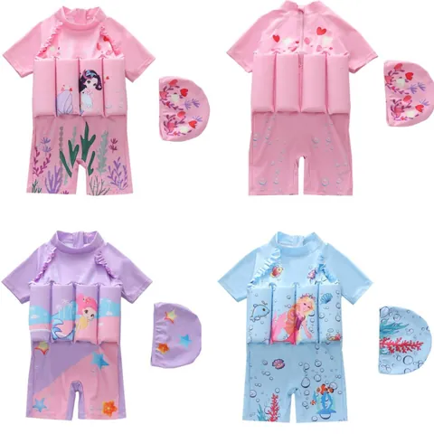 Meisjes Eendelig Drijfvermogen Badpak Zeemeermin Print Zwemkleding Set Met Zwemmuts Polyester Spandex Drijvend Katoen