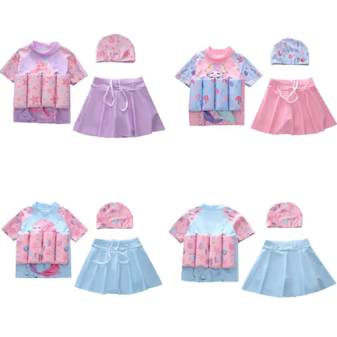 Mädchen Meerjungfrau Druck Auftrieb Badeanzug Set Polyester Elasthan Top Rock Und Hut Mit Auftriebshilfe Für Kinder Wassersport