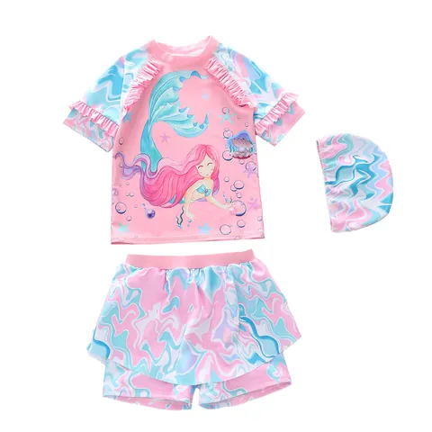 Meisjes Zeemeermin Print Badpak Ruffles Zonbescherming Badmode Met Top Rokbroekje En Bijpassende Muts Voor Zomer Zwembad