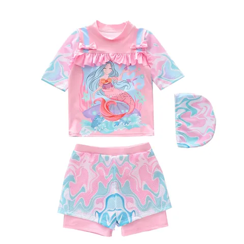 Kids Girls Mermaid Printed Swimwear Top And Pants And Swim Cap Ruffle Bowknot Short Sleeve Swimming Suit For Summer Beach