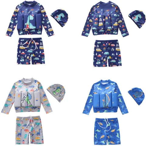 Kinder Jungen Auftrieb Bademode Cartoon Dinosaurier Langarm Sonnenschutz Oberteil Und Hose Und Kappe Mit Schwimmschaum