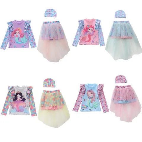 Maillot de Bain Sirène Fille Manches Longues Protection Solaire Rash Guard Jupe en Maille Bonnet de Bain Plage Dessin Animé