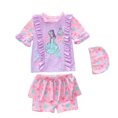 Costume da Bagno Sirena per Bambine Top E Gonna-pantalone E Cuffia Volant Cartone Animato Stampa Oceano per Bambini Spiaggia Estate