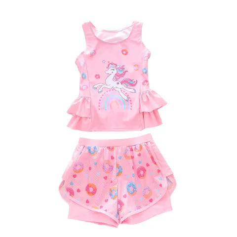 Girls Ruffled Split Swimwear Cartoon Mermaid Unicorn Print Polyester Spandex Beach Bathing Suit Kids Summer Apparel