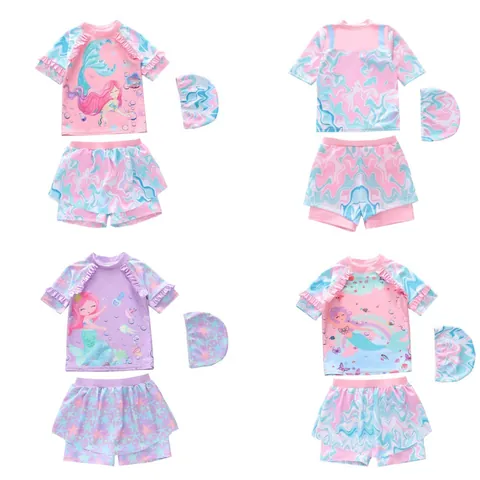 Meisjes Zeemeermin Print Badpak Ruffles Zonbescherming Badmode Met Top Rokbroekje En Bijpassende Muts Voor Zomer Zwembad