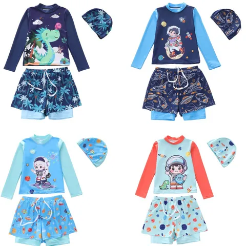 Boys Dinosaur Astronaut Cartoon Print Long Sleeve Rash Guard And Swim Trunks And Swimming Cap Kids Sun Protection Beach Bathing Suit