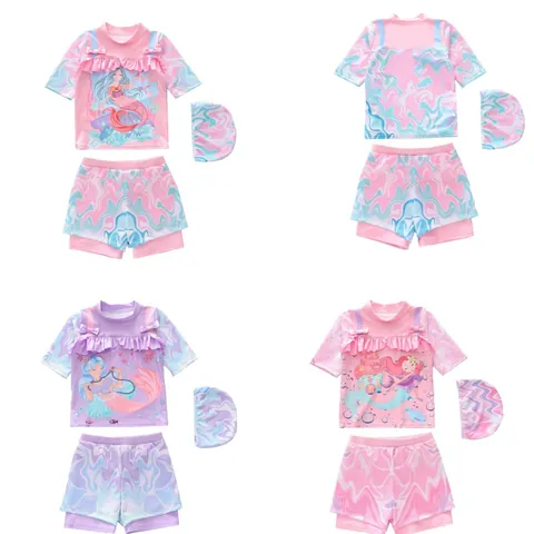 Kids Girls Mermaid Printed Swimwear Top And Pants And Swim Cap Ruffle Bowknot Short Sleeve Swimming Suit For Summer Beach