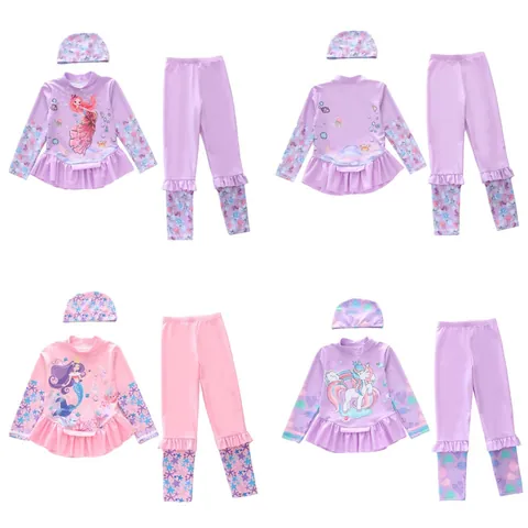 Meisjes Lange Mouw Zwemkleding Top Broek Hoed Zeemeermin Eenhoorn Print Ruffles Zonbescherming Hoge Elasticiteit Kinderen Badpak