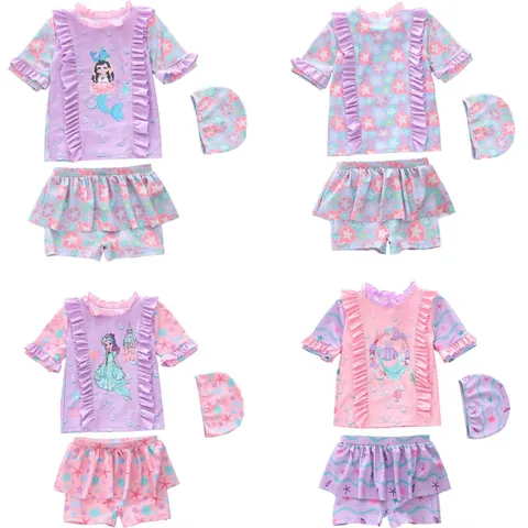 Costume da Bagno Sirena per Bambine Top E Gonna-pantalone E Cuffia Volant Cartone Animato Stampa Oceano per Bambini Spiaggia Estate